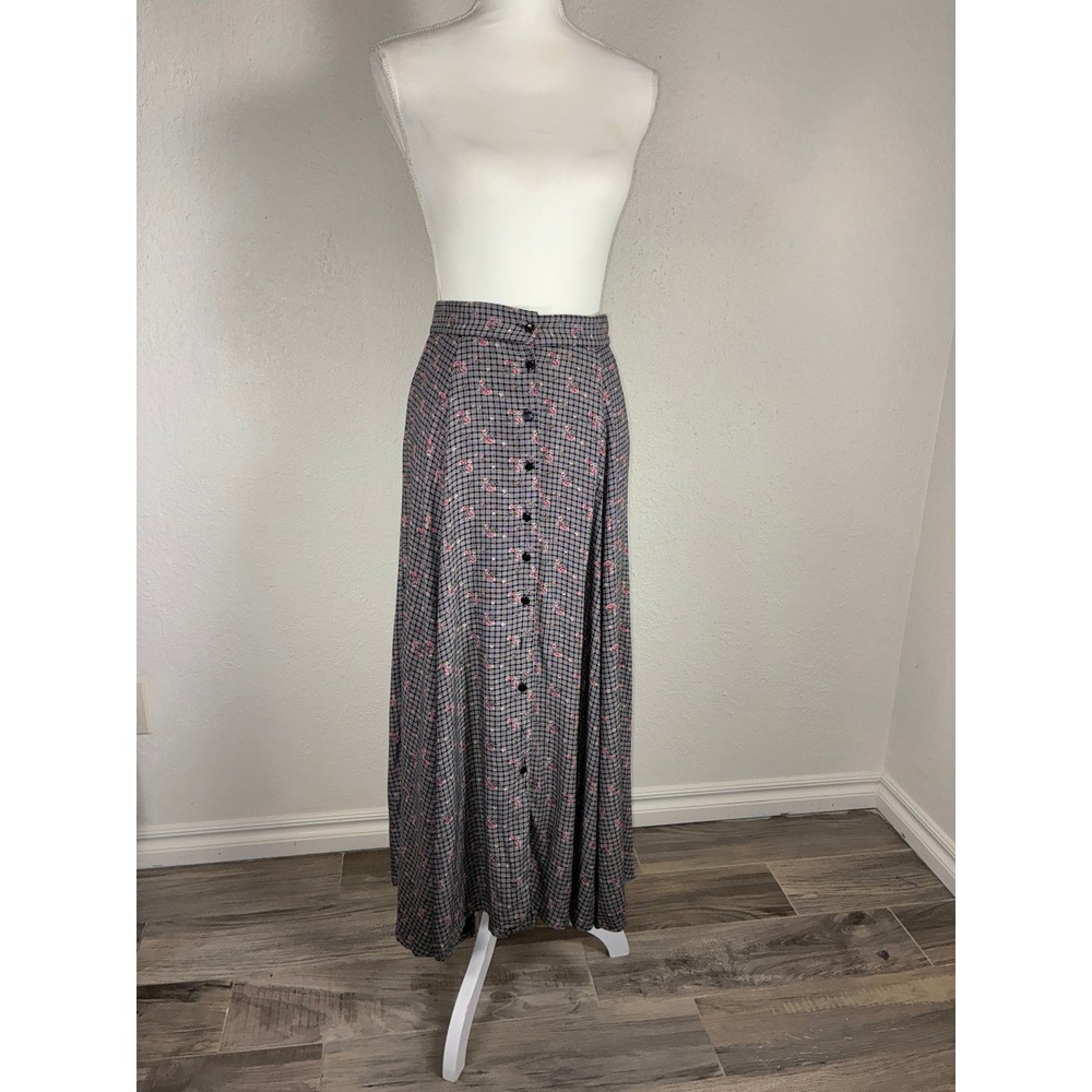 Vintage Blue 90s Plaid Floral Button Front Maxi Skirt Grey Pink Rayon Grunge 9